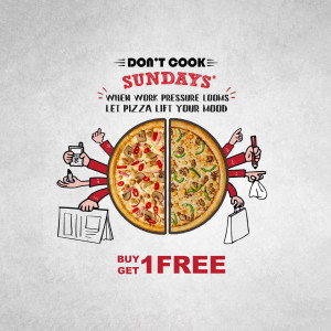 Illustration of a pizza with hands around it, promoting a 'Buy 1 Get 1 Free' offer.