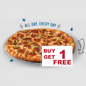 A delicious pepperoni, mushroom, and green pepper pizza with a Buy One Get One Free promotion.