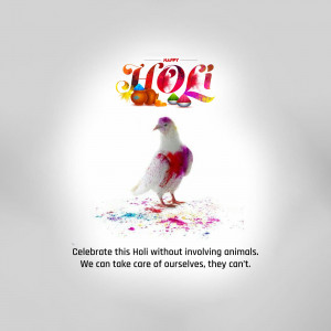 A white pigeon covered in colorful Holi powder with the text 'Happy Holi' and a message about celebrating responsibly.