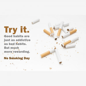 Cigarettes scattered with text promoting No Smoking Day and healthy habits.