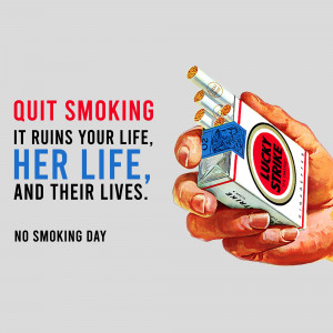 Vintage anti-smoking advertisement featuring a hand holding a pack of Lucky Strike cigarettes with the message 'Quit Smoking - It ruins your life, her life, and their lives.'