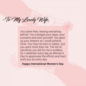 A pink card with a heartfelt message for a wife on International Women's Day.