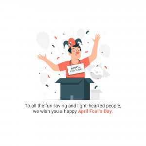Illustration of a person popping out of a box with confetti and a jester hat, celebrating April Fool's Day.