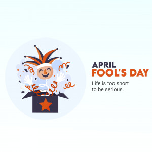 Illustration of a jester popping out of a gift box with confetti, celebrating April Fool's Day.