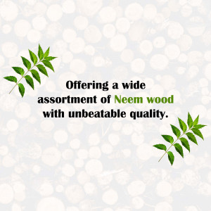 Image showcasing neem wood with green leaves and text promoting its quality.