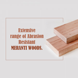 Close-up of Meranti wood planks with text highlighting abrasion resistance.