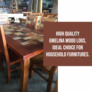 A dining table made of colorful Gmelina wood with matching chairs.