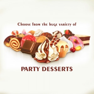 Assortment of delicious party desserts including cakes, chocolates, and pastries.