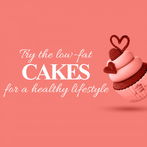 A promotional image featuring a pink cupcake with a raspberry and heart decoration, advertising low-fat cakes.