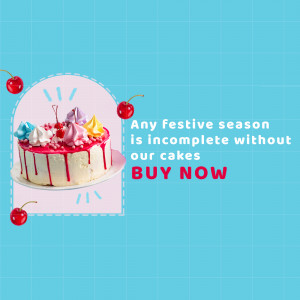 A beautifully decorated cake with cherries and a promotional message.