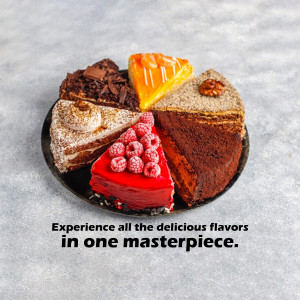 A plate with various slices of cake including chocolate, red velvet, orange, and cheesecake.