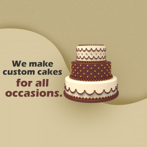 Three-tiered chocolate and vanilla cake with decorative patterns and text 'We make custom cakes for all occasions'