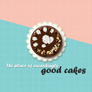 Top-down view of a chocolate cake with white frosting on a doily, with text 'The place of exceedingly good cakes'