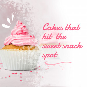 Close-up of a pink frosted cupcake with sprinkles and text overlay.
