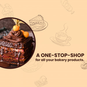 A delicious chocolate cake with a slice of cheesecake and bakery illustrations, promoting a one-stop bakery shop.