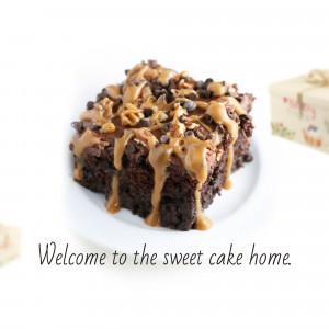 Close-up of a decadent peanut butter chocolate brownie on a white plate.