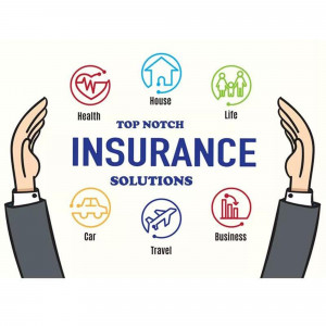 Illustration of hands protecting various insurance icons like health, house, car, life, business, and travel.