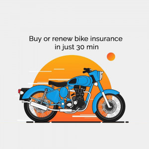 Illustration of a blue motorcycle with text promoting quick bike insurance.