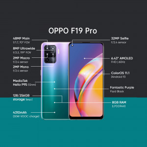 OPPO F19 Pro smartphone with detailed camera and display specifications