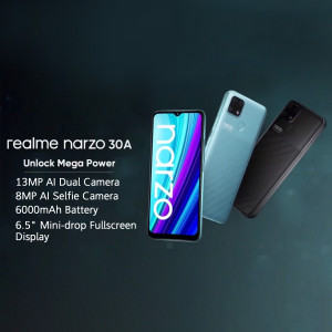 Realme Narzo 30A phone in blue and black colors with key features listed