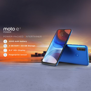 Moto E7 Power smartphone with key features highlighted