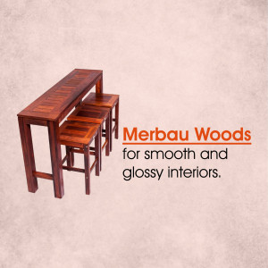A modern furniture set made of Merbau wood, including a table and stools.