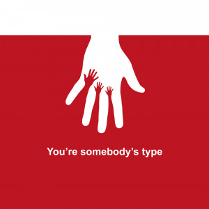 A large white hand reaching down towards smaller hands against a red and white background with text.