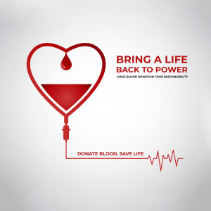 A red heart-shaped blood drop with a call to donate blood.
