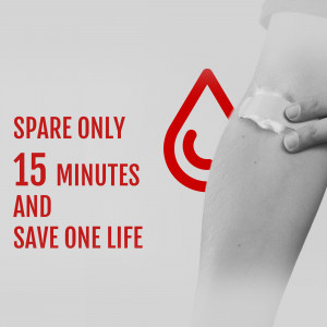 Image of an arm with a bandage and a blood drop, promoting blood donation.