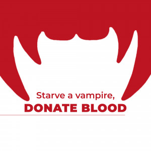 Red and white graphic promoting blood donation with a vampire fang silhouette and text.