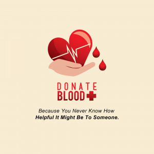 Image depicting a hand holding a heart with a heartbeat line and blood drops, with the text 'Donate Blood' and a motivational message.