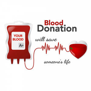 Image depicting a blood bag with the text 'Your Blood A+' and a heart with a lifeline, promoting blood donation.