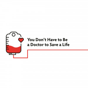 Illustration of a blood bag with a heart and text encouraging blood donation.