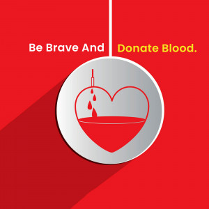 Image promoting blood donation with a heart and blood drop symbol.