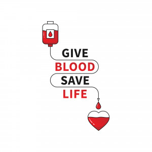 Illustration of a blood bag with the text 'Give Blood Save Life' and a heart shape.