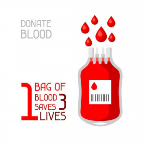 Illustration of a blood bag with blood drops and text promoting blood donation.