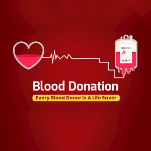 Illustration of a heart, blood bag, and ECG line promoting blood donation.