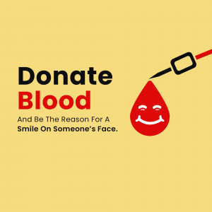 Image promoting blood donation with a blood drop and a smiling face.