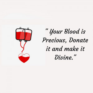 Illustration of blood bag and heart with a donation message.