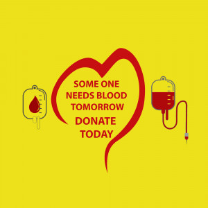 Image promoting blood donation with a heart-shaped blood bag and text.