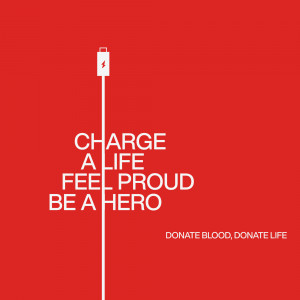 Image depicting a charging symbol with the text 'Charge a Life, Feel Proud, Be a Hero' and a call to donate blood.