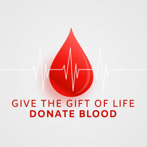 A red blood drop with a heartbeat line and the text 'Give the Gift of Life Donate Blood'.