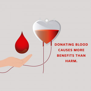 Illustration of a heart-shaped blood bag with a drop of blood and a hand, promoting blood donation.