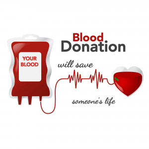 Illustration of a blood bag with a heart and lifeline, promoting blood donation.