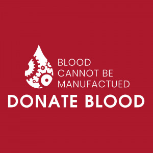 Image promoting blood donation with a blood drop containing gears and the text 'Blood cannot be manufactured. Donate Blood'.