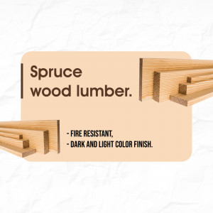 Image of spruce wood lumber with text highlighting fire resistance and color finish.
