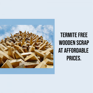 Pile of wooden scraps with text advertising termite-free wood at affordable prices.