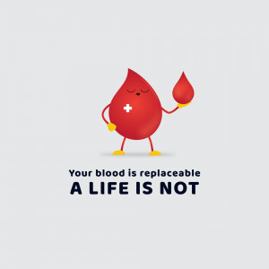 Cartoon blood drop with a medical cross, promoting blood donation.