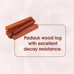 Close-up of Padauk wood logs with text highlighting decay resistance