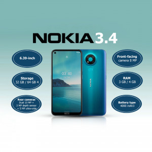 Nokia 3.4 smartphone with key specifications highlighted